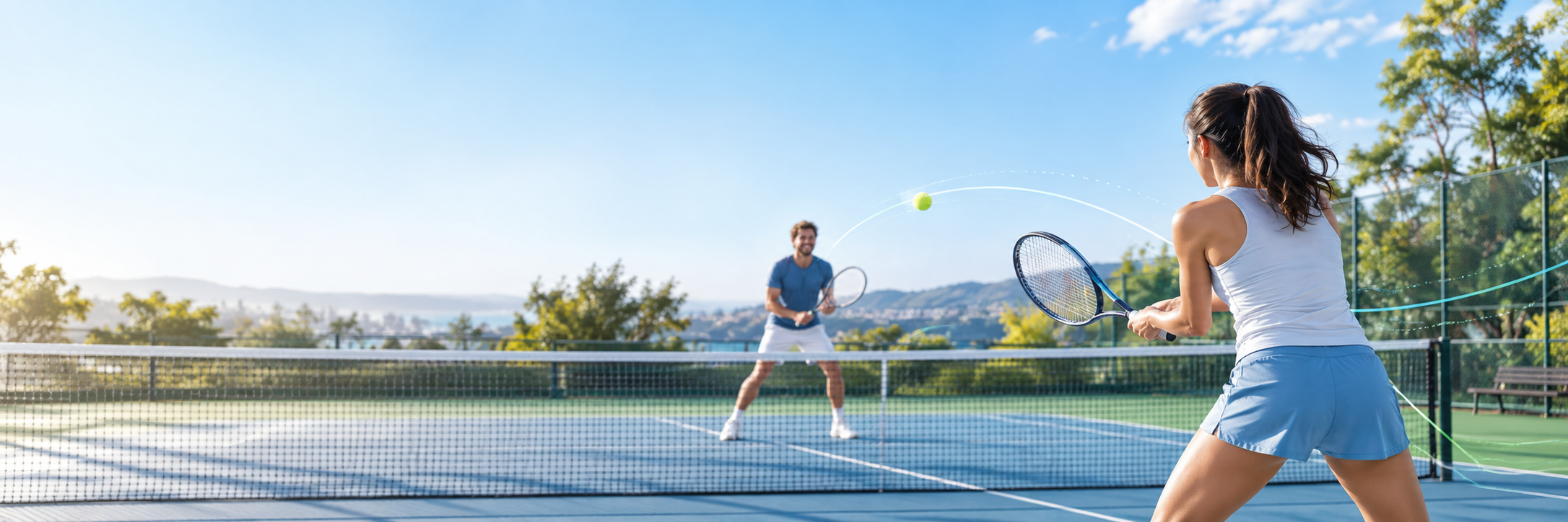 Two beginner adult tennis players rallying on an outdoor court